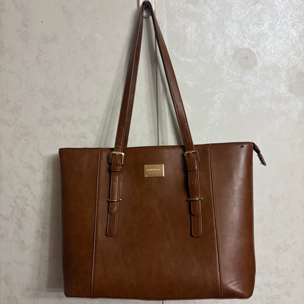 LoveVook Faux Leather Laptop Tote Bag Brown Academic Minimalist Career Travel